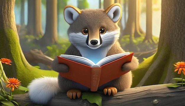 Renderização 3D de livro de leitura de animais da floresta