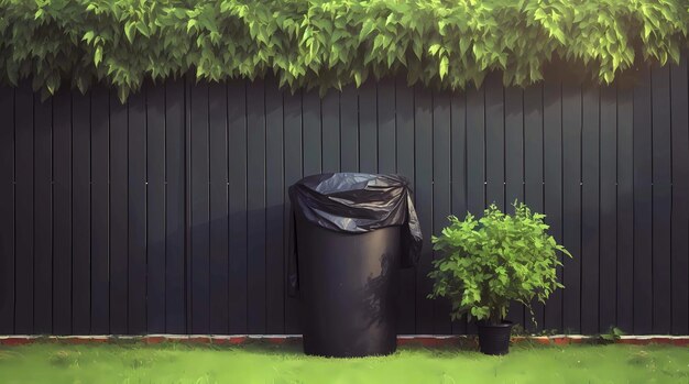 Foto renderização 3d de lixeira preta com planta verde no jardim