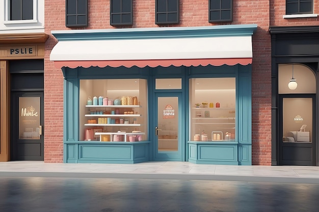 Renderização 3D de loja de fachada para publicidade isolada em branco para design comercial Ilustração de renderização 3D em estilo de desenho animado