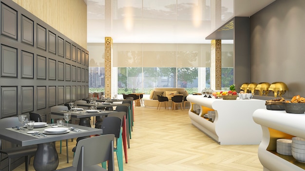 Renderização 3D de luxo buffet restaurante no elegante hotel