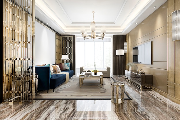 Renderização 3D de luxo clássica sala de estar com telha de mármore e estante