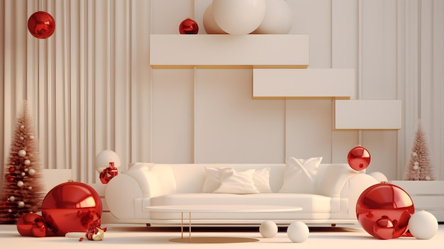 renderização 3d de luxo interior da sala de estar de Natal com sofá e árvore de Natal na parede
