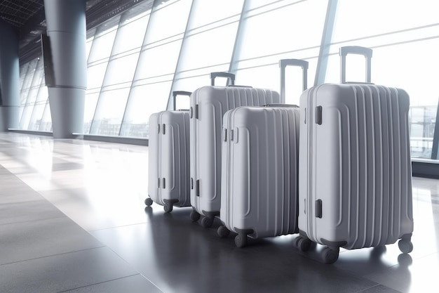 Renderização 3D de malas em um aeroporto representando o conceito de viagem Generative AI