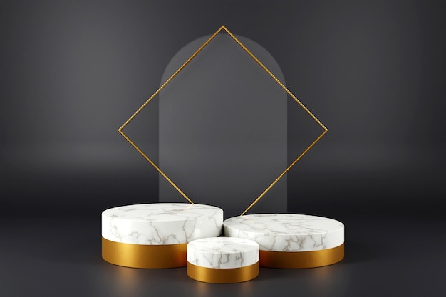 renderização 3D de mármore branco e pedestal de ouro em fundo preto com conceito mínimo abstrato