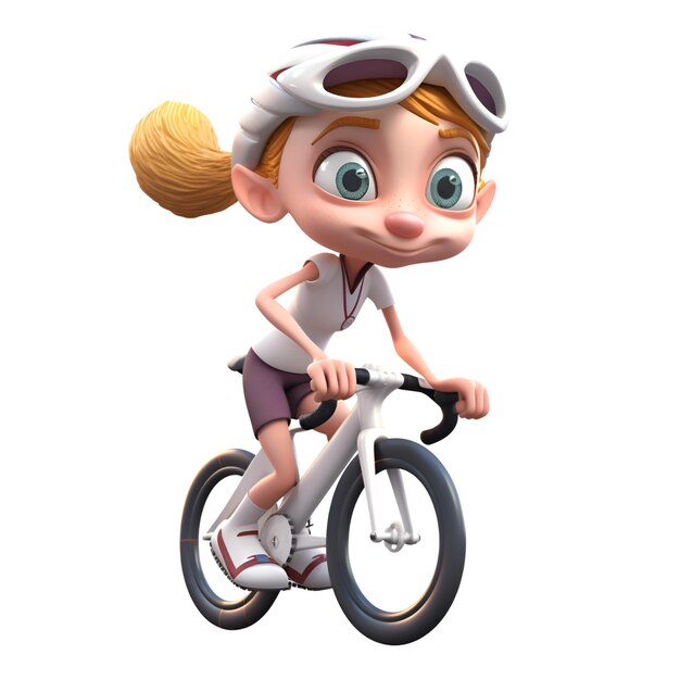 Renderização 3D de menina andando de bicicleta isolada em fundo branco com traçado de recorte