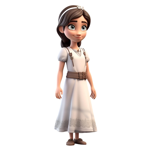 Renderização 3D de menina com vestido branco com a mão no quadril