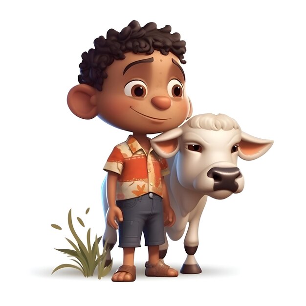 Foto renderização 3d de menino afro-americano com uma vaca em fundo branco