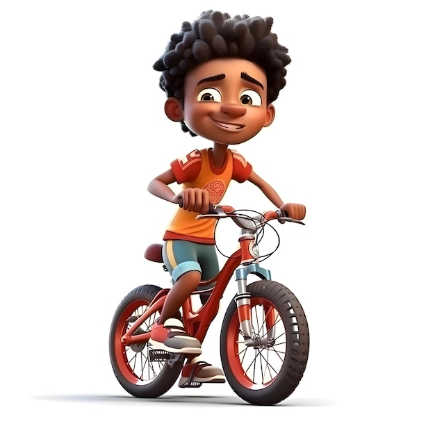 Renderização 3D de Menino com bicicleta em fundo branco com caminho de corte