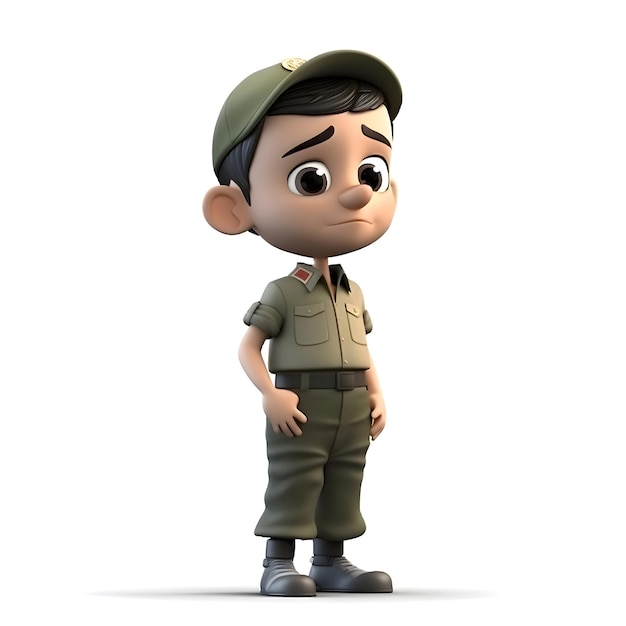 Foto renderização 3d de menino com chapéu do exército em fundo branco com sombra