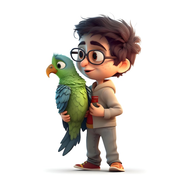 Foto renderização 3d de menino com papagaio em fundo branco com sombra