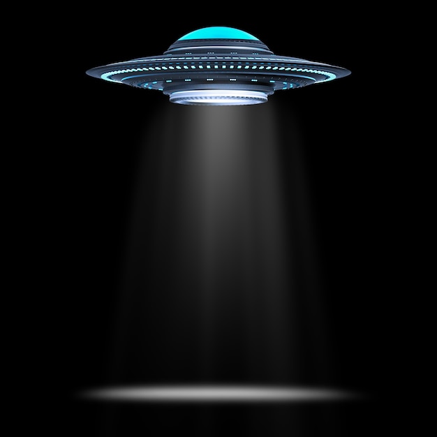 Foto renderização 3d de metal ufo ou nave alienígena em fundo preto