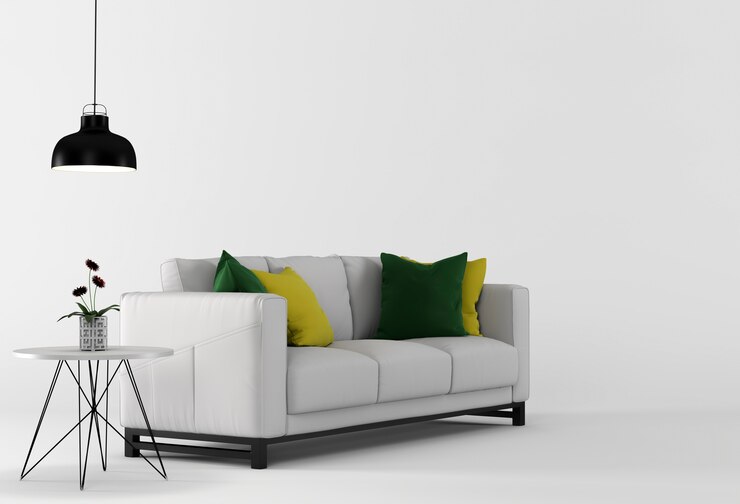 Renderização 3D de mobiliário de estúdio com sofá