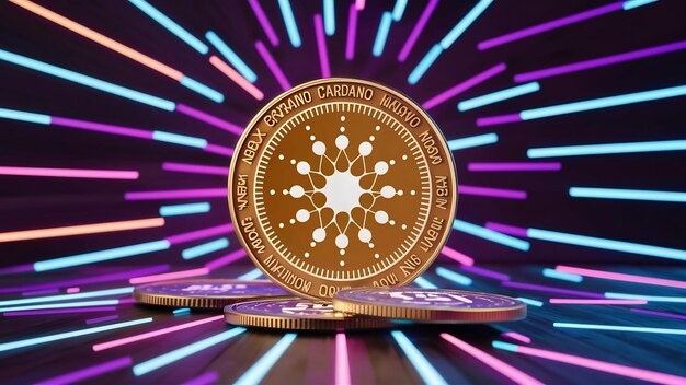 Foto renderização 3d de moedas de criptomoeda cardano ou ada com luz laser de néon de rede de tecnologia