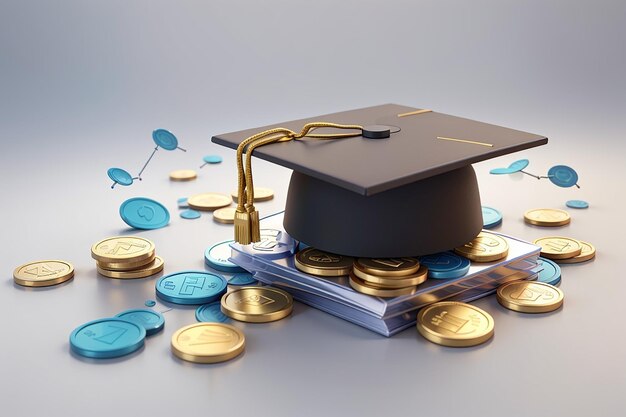 Renderização 3D de moedas de ícone de boné de formatura conceito de economizar dinheiro para educação isolada em fundo branco 3d render ilustração estilo desenho animado