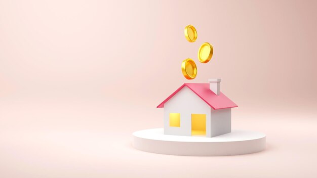 Foto renderização 3d de moedas de ouro coletadas em uma casa