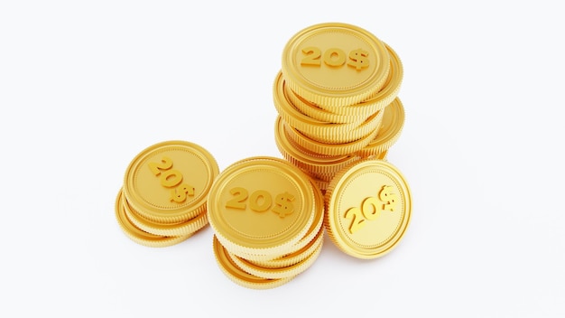 Renderização 3D de moedas de pilha dourada isoladas em um fundo branco moedas de vinte dólares