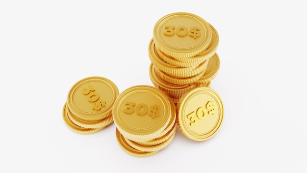 Renderização 3D de moedas douradas isoladas em um fundo branco moedas de trinta dólares