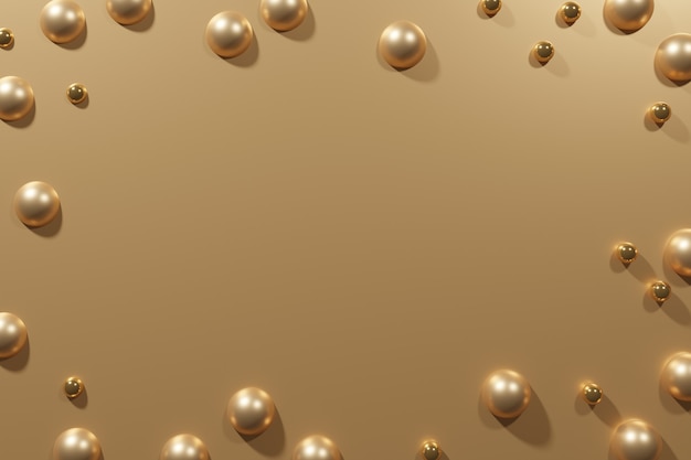 Renderização 3D de moldura de bolas de pérolas douradas em fundo metálico dourado para o seu projeto de Natal