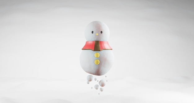 Renderização 3d de natal. boneco de neve flutuando sobre fundo de neve, isolado no branco. resumo conceito minimalista, luxo minimalista