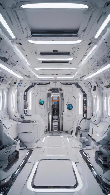 Renderização 3D de nave espacial mobiliada com fundo interior branco