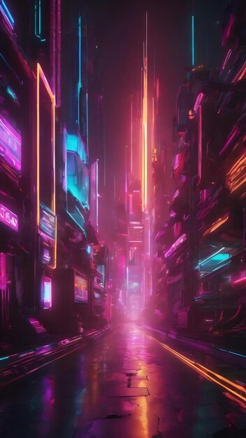 Renderização 3D de néon e luz brilhando na cena escura cyber punk cidade noturna conceito tecnologia de vida noturna