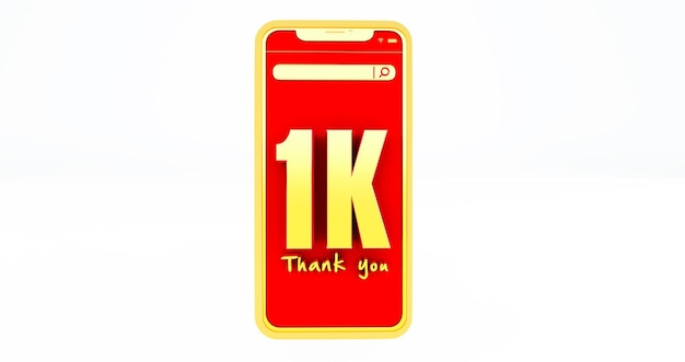 Renderização 3D de números dourados de 1k acima de um smartphone. Obrigado 1k apoiadores de mídia social.