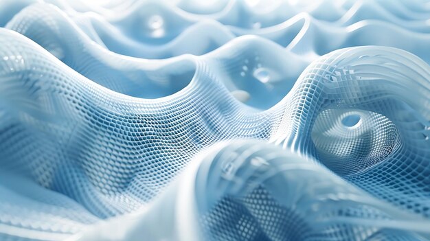 Renderização 3D de ondas abstratas azuis e brancas de uma superfície paramétrica