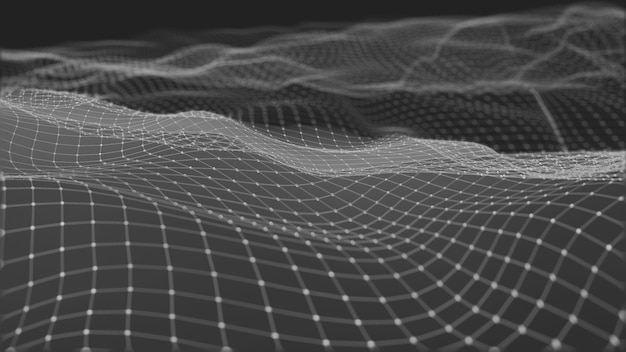 Renderização 3D de ondas digitais abstratas e partículas quadradas brilhantes no espaço