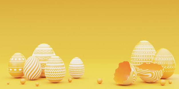 Renderização 3D de ovos de Páscoa amarelos no conceito de background.happy easter amarelo.