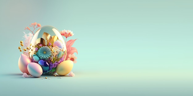 Renderização 3D de ovos de Páscoa e flores com um tema de fantasia para plano de fundo e banner