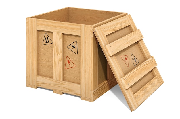 Renderização 3d de pacote de caixa de madeira aberta