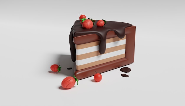 Renderização 3D de pedaços de bolo de chocolate com morangos