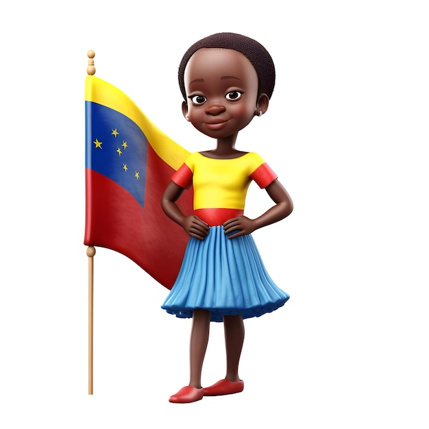 Renderização 3D de Pequena Menina Afro-Americana com a bandeira da Venezuela