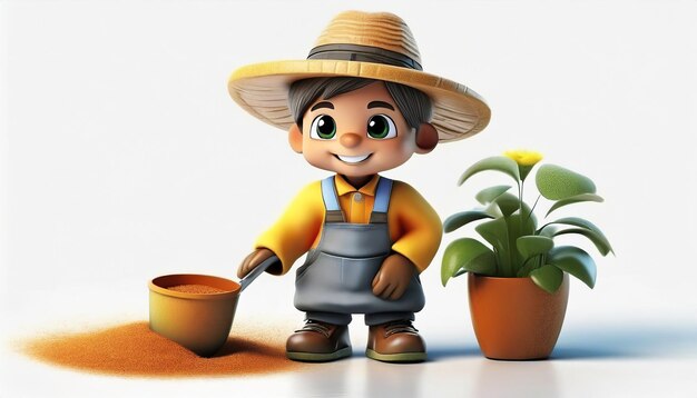 Foto renderização 3d de pequeno agricultor com vaso de flores