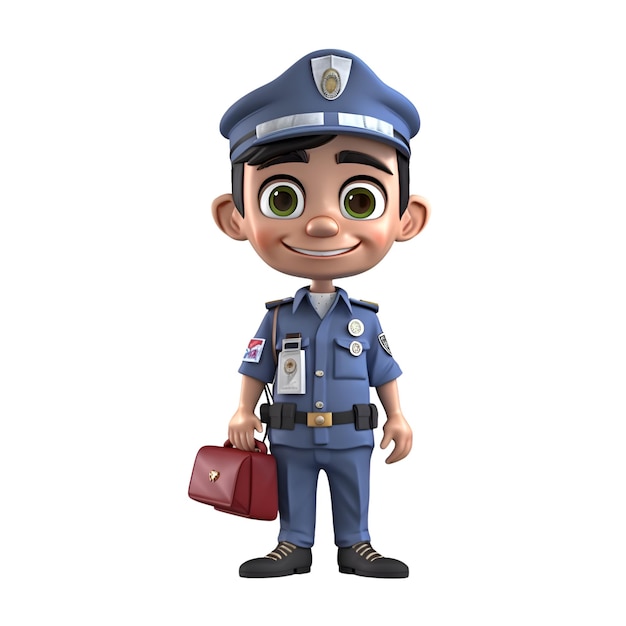 Renderização 3D de Pequeno Policial com uma maleta em fundo branco