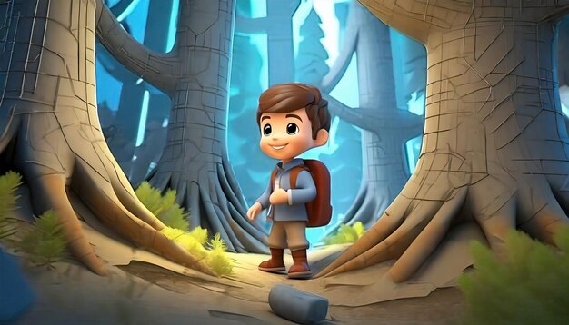 Renderização 3D de personagem de desenho animado explorando como floresta