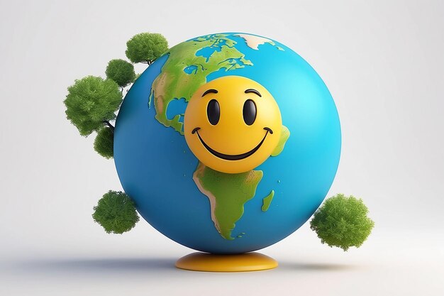 Renderização 3D de personagem de smiley mundo ícone isolado em fundo branco conceito de Dia Mundial da Terra 3D renderização ilustração estilo de desenho animado