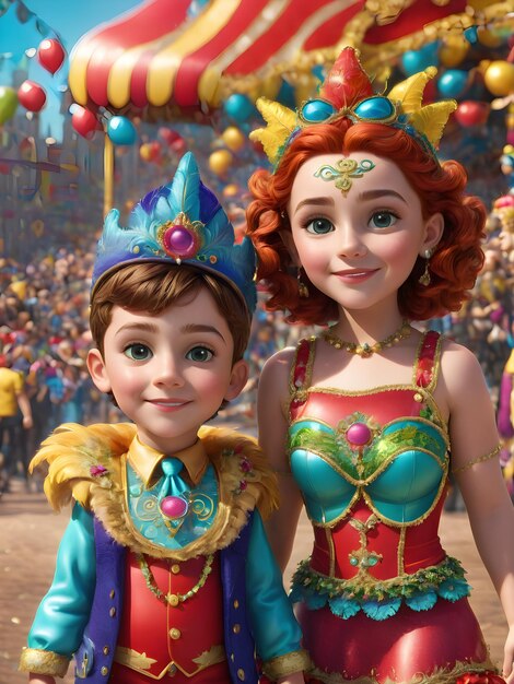 Foto renderização 3d de personagens de desenhos animados celebrando carnaval juntos