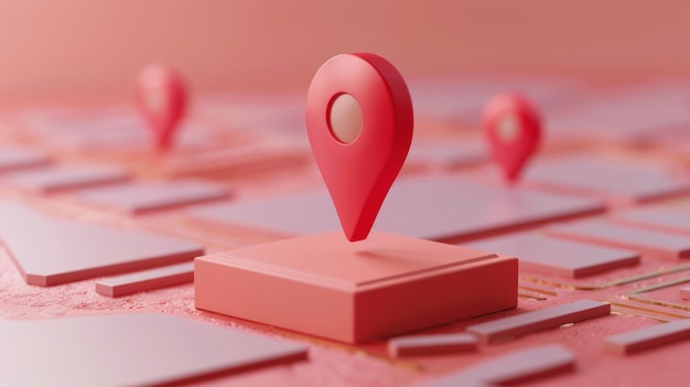 Renderização 3D de pinos de localização vermelhos em mapa rosa