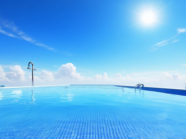 Renderização 3D de piscina infinita no fundo do céu azul