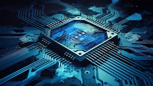 Renderização 3D de placa de circuito azul futurista