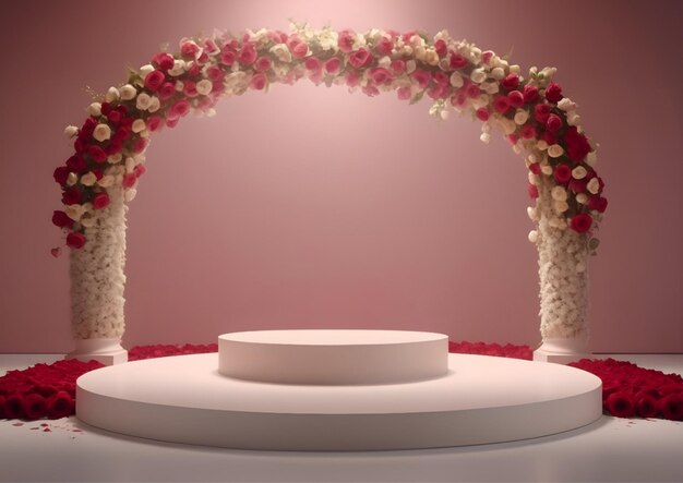 Renderização 3D de pódio branco com arco floral e belas rosas