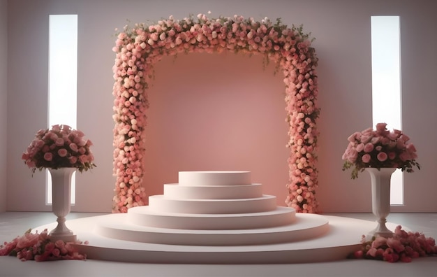 Foto renderização 3d de pódio branco com arco floral e belas rosas