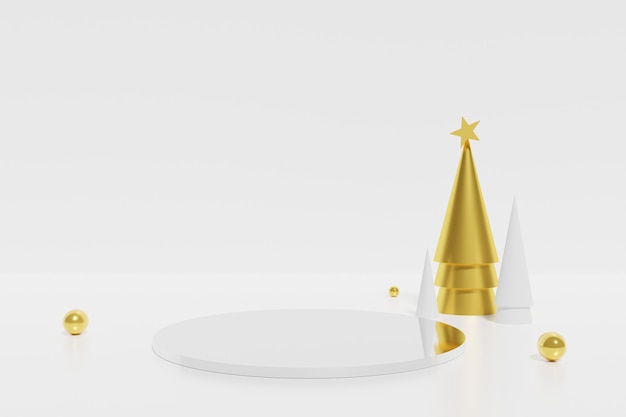 Renderização 3D de pódio branco e árvores de Natal de cone dourado com bola em um fundo branco para o Natal