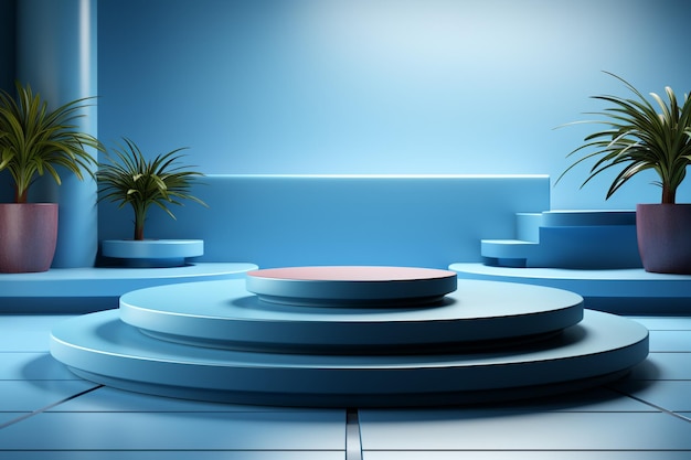 Renderização 3D de pódio circular azul com um fundo moderno, elegante e dinâmico