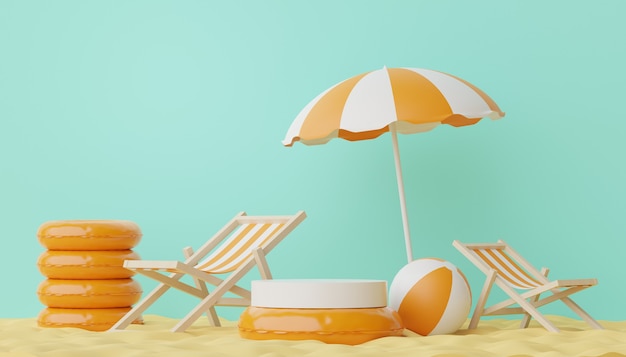 Renderização 3D de pódio de exibição mínima abstrata para exibição de produtos ou apresentação cosmética com cena de praia de verão