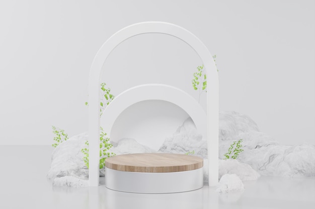 Renderização 3D de pódio de planta de madeira minimalista