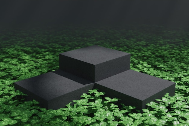 Renderização 3D de pódio de planta preta minimalista