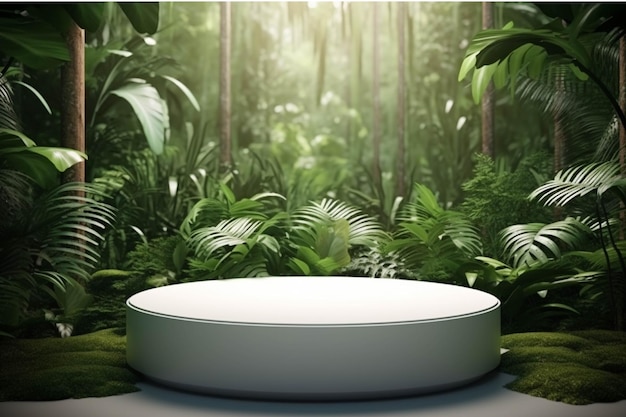 Renderização 3D de pódio redondo branco em fundo de floresta tropical verde