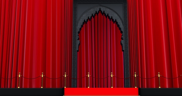 Renderização 3D de porta árabe preta com barreira de corda vermelha, tapete vermelho, conceito VIP